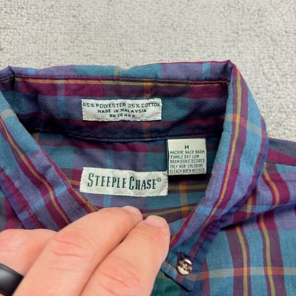 VTG Steeple Chase Men's Button Down Shirt Green Purple Plaid Medium 80s 90s Era - Picture 6 of 8